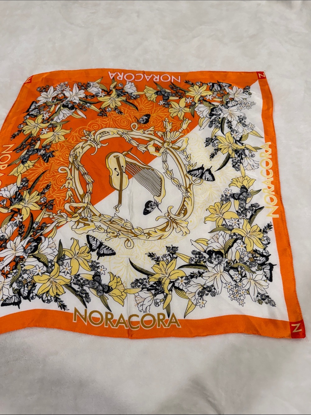 NORACORA Orange & Cream Floral Silk-Square Scarf